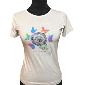 Women's 90s Lucky Eye Mykonos Bling Tee Shirt Short Sleeve Butterfly y2K SZ XS